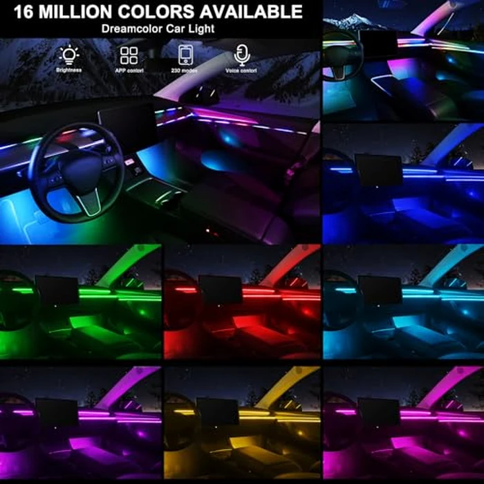 Dreamcolor Acrylic Interior Car LED Strip Light with Wireless APP, RGB 18 in 1 with 175 inches 593 LEDs Fiber Optic Strip Lights for Car, Dynamic Chasing Music Sync Neon Car Ambient Lighting Kits by MAODANER - Image 3