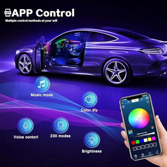 Dreamcolor Acrylic Interior Car LED Strip Light with Wireless APP, RGB 18 in 1 with 175 inches 593 LEDs Fiber Optic Strip Lights for Car, Dynamic Chasing Music Sync Neon Car Ambient Lighting Kits by MAODANER - Image 4