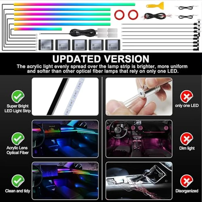 Dreamcolor Acrylic Interior Car LED Strip Light with Wireless APP, RGB 18 in 1 with 175 inches 593 LEDs Fiber Optic Strip Lights for Car, Dynamic Chasing Music Sync Neon Car Ambient Lighting Kits by MAODANER - Image 5