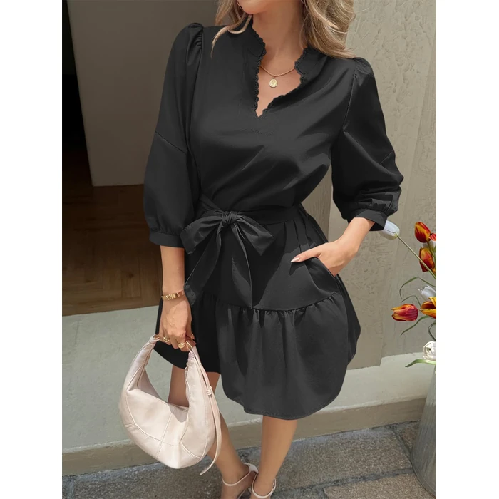 Cicy Bell Womens Puff 3/4 Sleeve Mini Dresses Bow Tie Waist V Neck Casual Trendy Ruffle Tiered Short Dress Black by Cicy Bell - Image 2