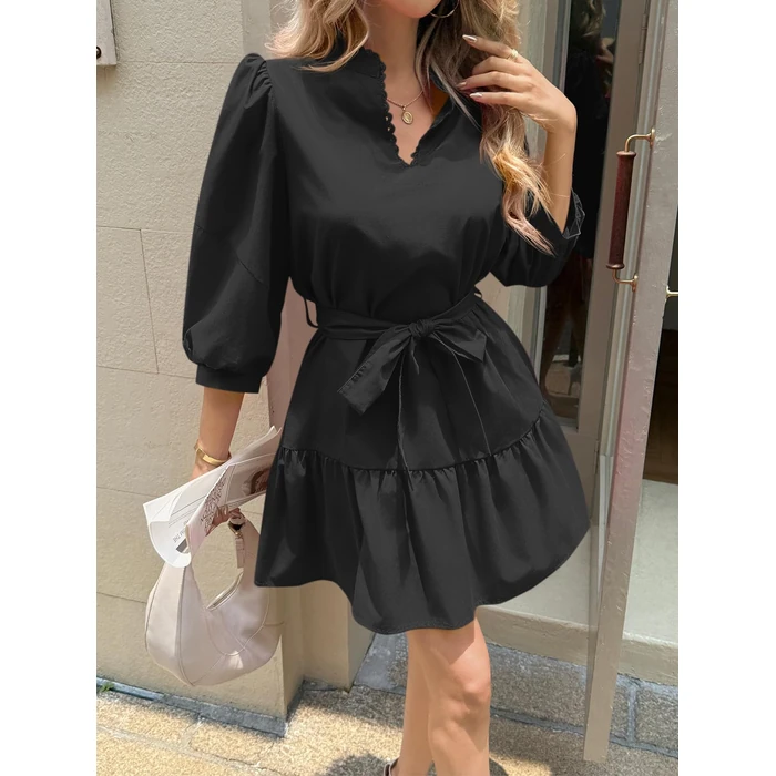 Cicy Bell Womens Puff 3/4 Sleeve Mini Dresses Bow Tie Waist V Neck Casual Trendy Ruffle Tiered Short Dress Black by Cicy Bell - Image 3