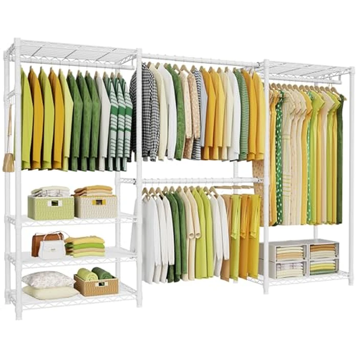Ulif E1 Heavy Duty Closet Garment Rack, 6 Tiers Adjustable Metal Freestanding Expandable Clothing Storage with 4 Hanger Rods, Easy to Assemble Wardrobe, 71.4" H x (70" - 88.2") L x 14" D, White by Ulif - Used - Like New condition - US$108.80