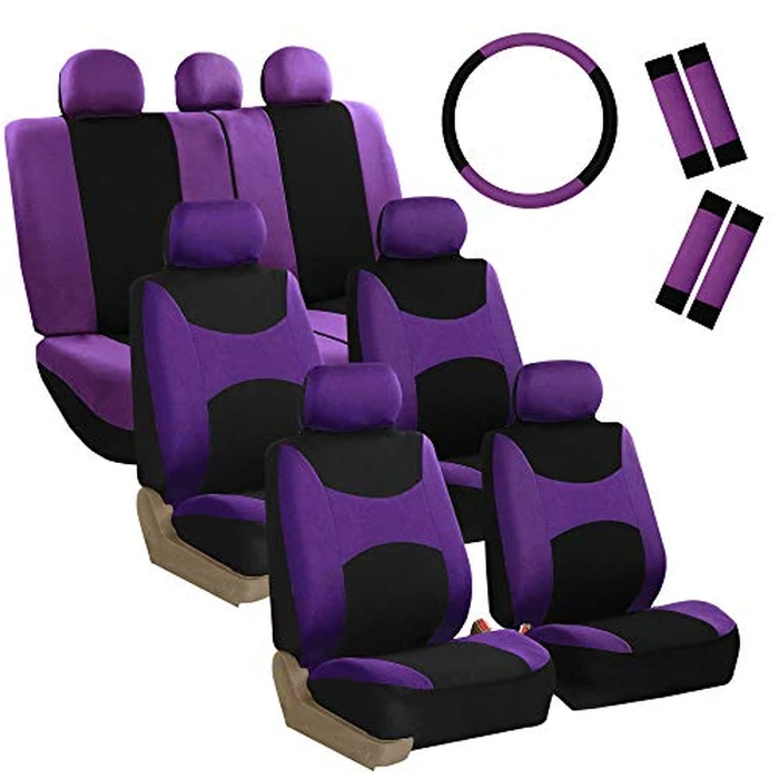 FH Group Light & Breezy Cloth Car Seat Covers, 7 Seater Three Row Set- Airbag & Split Ready -Universal for Cars Trucks and SUVs (Purple/Black) by FH Group - Used - Very Good condition