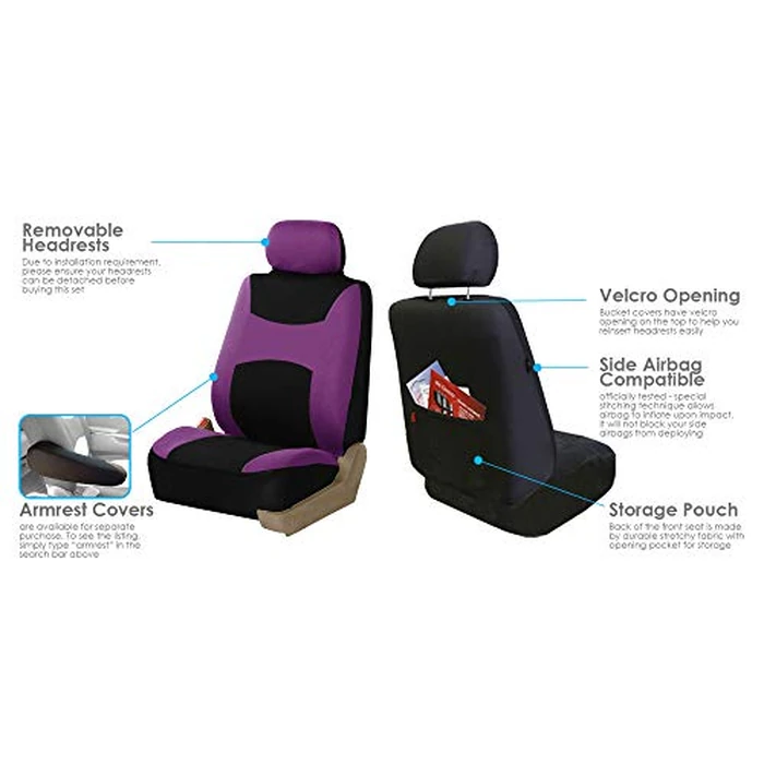 FH Group Light & Breezy Cloth Car Seat Covers, 7 Seater Three Row Set- Airbag & Split Ready -Universal for Cars Trucks and SUVs (Purple/Black) by FH Group - Image 4