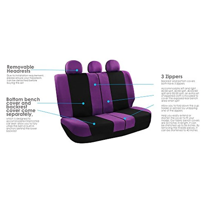 FH Group Light & Breezy Cloth Car Seat Covers, 7 Seater Three Row Set- Airbag & Split Ready -Universal for Cars Trucks and SUVs (Purple/Black) by FH Group - Image 5