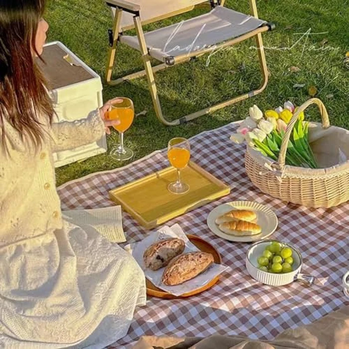 K Y KANGYUN 80x80 in Extra Large Picnic Blanket Outdoor Beach Blankets, Water-Resistant Foldable Sandproof Blankets Cute Picnic Mat for Beach, Camping Grass Lawn Park Mats (Tan Gingham) by K Y KANGYUN - Image 6