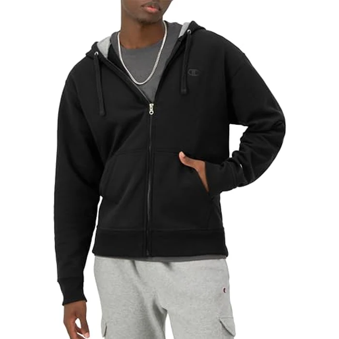 Champion Men's Full-Zip Fleece Hoodie, Standard Fit, Midweight, C Logo, Available in Regular and Big & Tall, Black - C Logo, Large by Champion - Used - Very Good condition - CA$39.28
