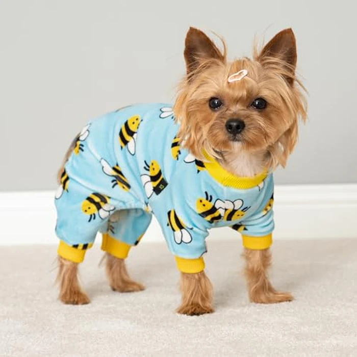 Fitwarm Funny Bee Fleece Dog Pajamas, Warm Winter Dog Clothes for Small Dogs Boy Girl, Cozy Pet Onesie with Feet, Light Blue, Small by Fitwarm - Image 3