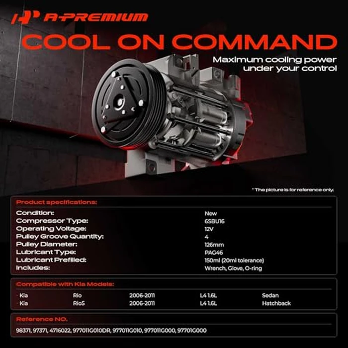 A-Premium A/C Compressor with Clutch Compatible with Kia Rio 1.6L 2006-2011, Rio5 1.6L 2006-2011, with 6SBU16C Compressor only by A-Premium - Image 2