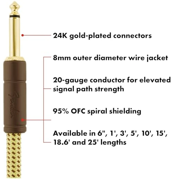 Fender Deluxe Series Instrument Cable, Guitar Cable, Guitar Accessories, Straight/Angle, Tweed, 15ft by Fender - Image 2
