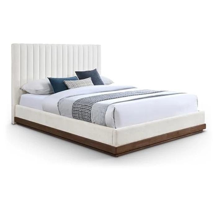Meridian Furniture B1245Cream-Q Emmet Collection Modern | Contemporary Queen Bed with Soft Cream Chenille Fabric, Walnut Finish, Solid Wood Base, Tufted, 67.5" W x 87.5" D x 48.5" H, Cream, Queen by Meridian Furniture - Image 1