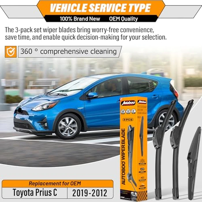 AUTOBOO 28"+14" Windshield Wipers with 8" Rear Wiper Blade Replacement for Toyota Prius C 2012 2013 2014 2015 2016 2017 2018 2019 -Original Factory Quality (Pack of 3) by AUTOBOO - Image 2