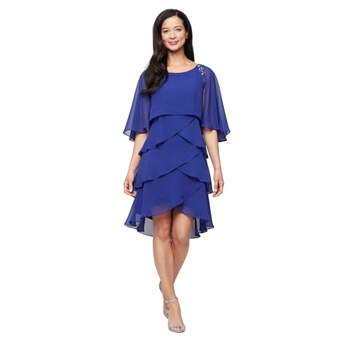 S.L. Fashions Women's Tiered Chiffon Cocktail Party Dress with Attached Cape & Beaded Shoulders (Petite and Regular Sizes), Iris, 8P by S.L. Fashions - Image 1