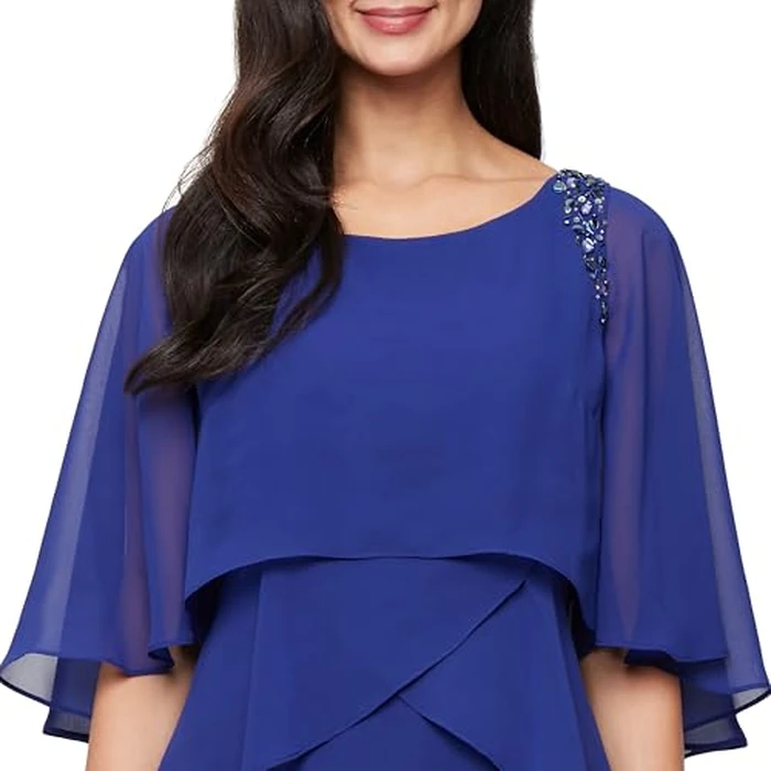 S.L. Fashions Women's Tiered Chiffon Cocktail Party Dress with Attached Cape & Beaded Shoulders (Petite and Regular Sizes), Iris, 8P by S.L. Fashions - Image 2