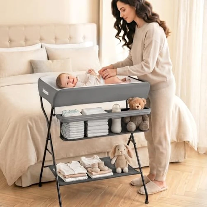 INFANS Baby Changing Table, Folding Diaper Station Portable Nursery Organizer with Safety Belt and Large Storage Racks for Newborn Baby and Infant (Grey) by INFANS - Used - Very Good condition - CA$77.66