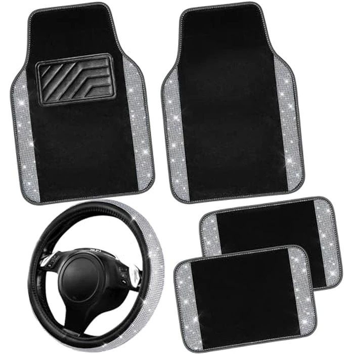 CAR PASS Bling Diamond Leather Steering Wheel Cover 14.5in-15in Floor Mats Shining Rhinestone Carpet Sparkly Glitter Crystal Anti-Slip Pad Fit Automotive SUV Pickup Truck Girl Women, 5pcs Black Sliver by CAR PASS - Used - Like New condition - US$31.58