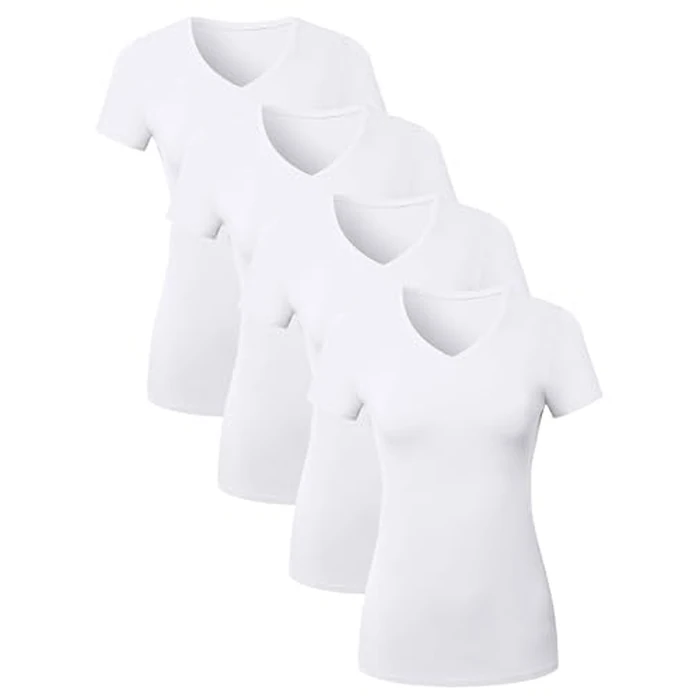 4 Pack Cotton Tee V Neck T Shirts for Women Short Sleeve Tshirt Basic Tees Ladies Plain Vneck Tshirts Casual Womens Tops Undershirt Camisetas para Mujer De Algodon - White Large by Sugar Sunday - Image 2