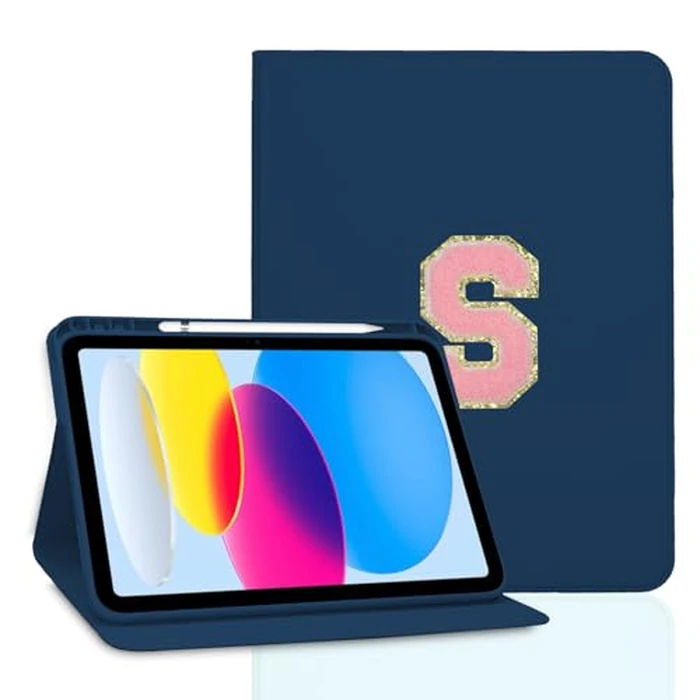 TopPerfekt for iPad 10th Generation Case 10.9 inch 2022, Initial Chenille Letter Suture, Personalized iPad 10.9 inch Case with Auto Sleep/Wake, Pencil Holder (Deep Blue, S) by TopPerfekt - Used - Like New condition - CA$20.45