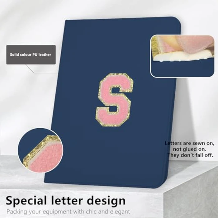 TopPerfekt for iPad 10th Generation Case 10.9 inch 2022, Initial Chenille Letter Suture, Personalized iPad 10.9 inch Case with Auto Sleep/Wake, Pencil Holder (Deep Blue, S) by TopPerfekt - Image 4