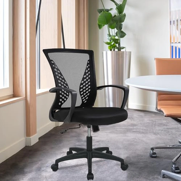 FDW Home Office Chair Mid Back PC Swivel Lumbar Support Adjustable Desk Task Computer Ergonomic Comfortable Mesh Chair with Armrest (Black) by FDW - Image 6