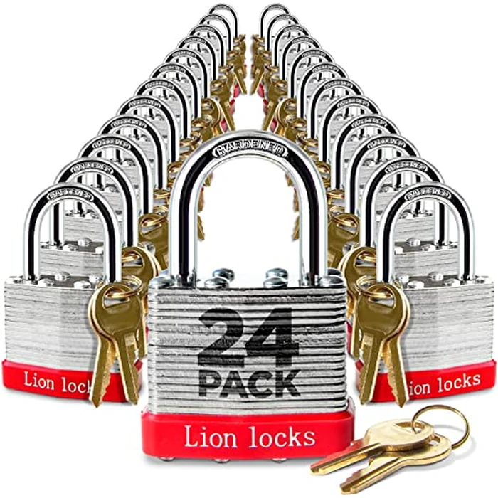 Lion Locks 24 Keyed-Alike Padlocks w/ 1.25” Shackle, 48 Keys, Hardened Steel Case, Brass Cylinder (24-Pack) - for Hasp Latch, Sheds, Fences, Storage Locker, School, Gym by Lion Locks - Image 1