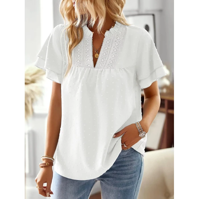 Falechay Boho Tops for Women Trendy Ruffle Sleeve V Neck Womens Short Sleeve Blouses Smocked Flowy Shirts White S by Falechay - Image 2