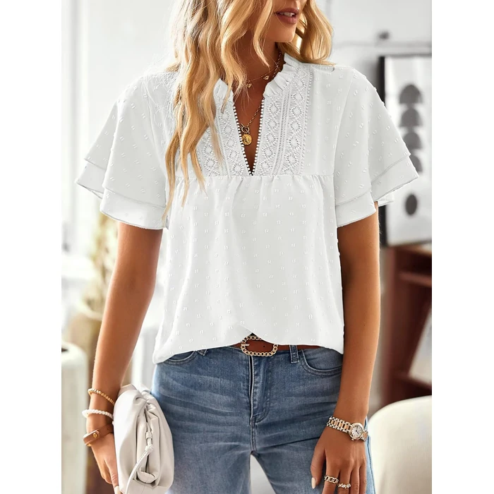 Falechay Boho Tops for Women Trendy Ruffle Sleeve V Neck Womens Short Sleeve Blouses Smocked Flowy Shirts White S by Falechay - Image 4