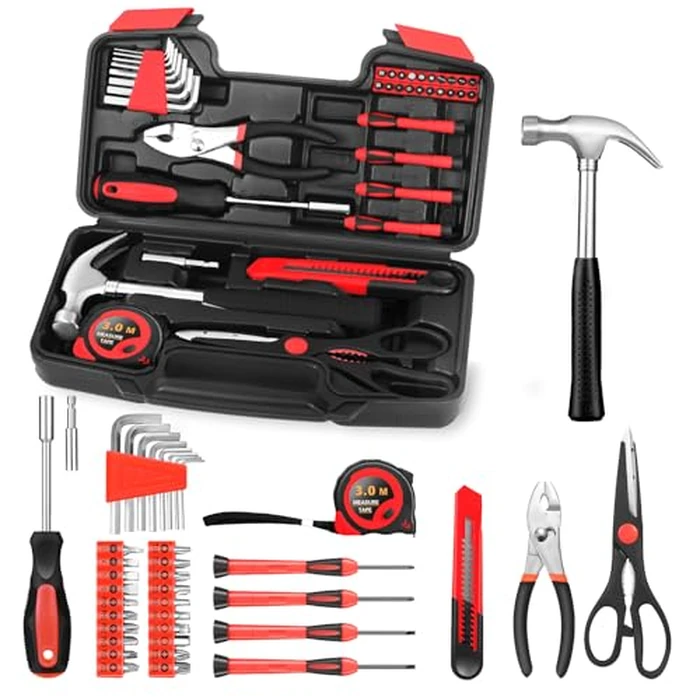 39-Piece Household Tool Set with Toolbox Storage Case - All Purpose Small Hand Tool Kit Includes Essential Tools for Home, Office, College Repairs, Red by HANGYING - Used - Like New condition