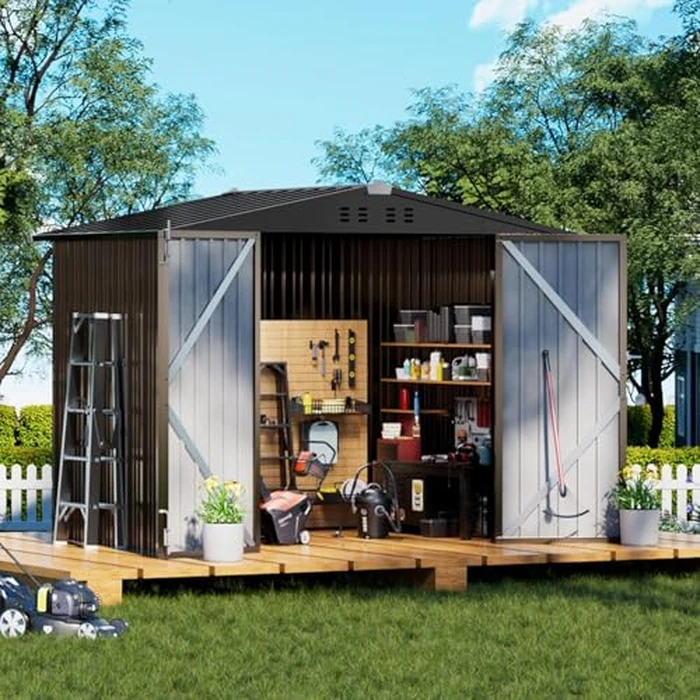 COMHOMA Shed Outdoor Storage Shed Metal,Lockable Doors Tool Sheds with Sloping Roof,Steel Garden Shed with Air Vent for Backyard,Patio,Lawn,Poolside (Brown, 8'x6') by COMHOMA - Image 1