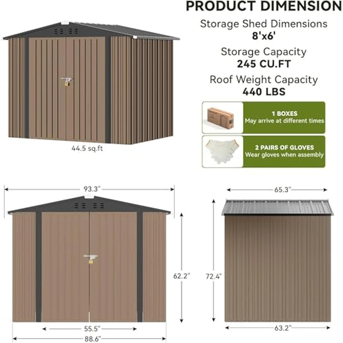 COMHOMA Shed Outdoor Storage Shed Metal,Lockable Doors Tool Sheds with Sloping Roof,Steel Garden Shed with Air Vent for Backyard,Patio,Lawn,Poolside (Brown, 8'x6') by COMHOMA - Image 2
