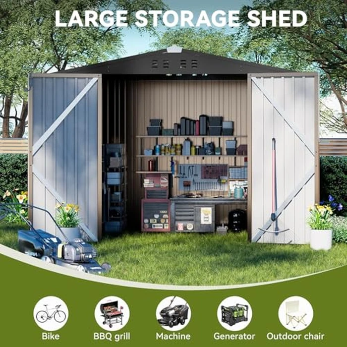 COMHOMA Shed Outdoor Storage Shed Metal,Lockable Doors Tool Sheds with Sloping Roof,Steel Garden Shed with Air Vent for Backyard,Patio,Lawn,Poolside (Brown, 8'x6') by COMHOMA - Image 4