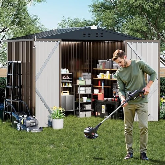 COMHOMA Shed Outdoor Storage Shed Metal,Lockable Doors Tool Sheds with Sloping Roof,Steel Garden Shed with Air Vent for Backyard,Patio,Lawn,Poolside (Brown, 8'x6') by COMHOMA - Image 7