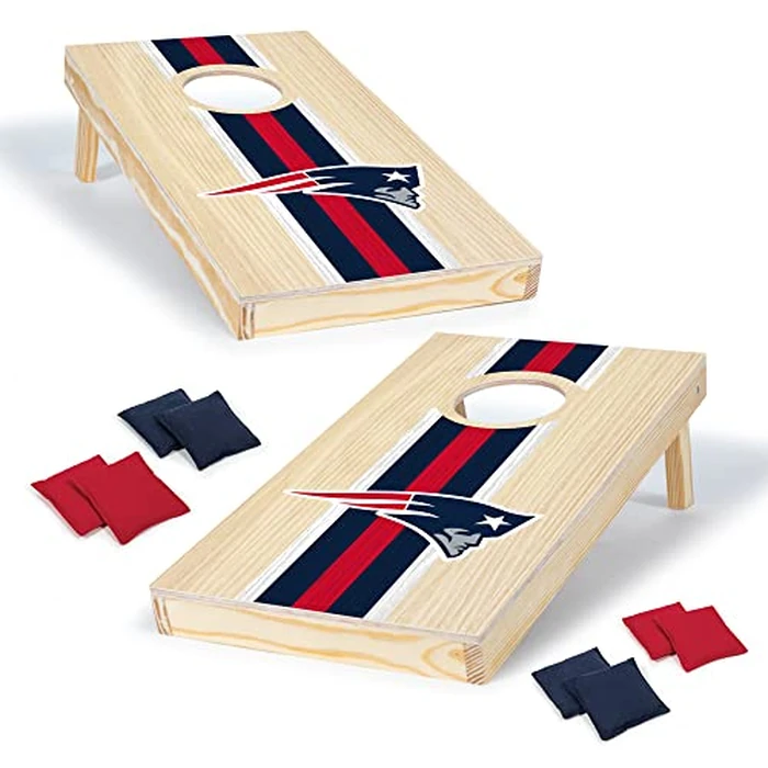 NFL Football New England Patriots 1' x 2' Travel Size Solid Wood Cornhole Set with Direct Print HD Team Graphics - Great Gift for Any Sports Fan! Bean Bag Toss Family Games for Outdoor Play by Wild Sports - Image 1