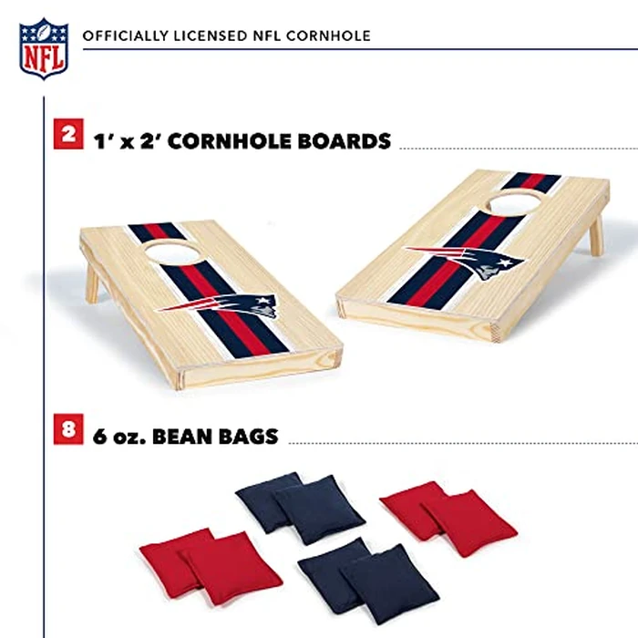 NFL Football New England Patriots 1' x 2' Travel Size Solid Wood Cornhole Set with Direct Print HD Team Graphics - Great Gift for Any Sports Fan! Bean Bag Toss Family Games for Outdoor Play by Wild Sports - Image 2