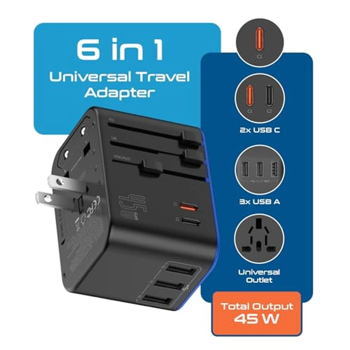 Ceptics Universal Travel Adapter, 45W International Power Adapter with PD & QC 3.0 Dual USB-C, 3 USB Travel Adapter Worldwide, Type I C G A Outlets 110V 220V A/C - EU Euro US UK (11-KU) by Ceptics - Image 2