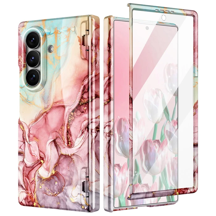 Btscase for Samsung Galaxy Z Fold 7 Case,Built in Front Screen Protector,Gold Glitter Marble Pattern Hard PC Slim Shockproof Full Body Drop Protective Case for Galaxy Z Fold 7 5G, Rose Gold by Btscase - Used - Acceptable condition