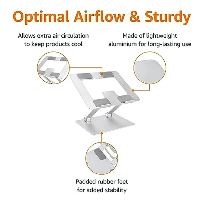 Amazon Basics Sturdy and Portable Ergonomic Laptop Stand for Desk, Height Adjustable Riser with Ventilated Cooling, Foldable, Fits all Laptops up to 15.6 Inch, Silver by Amazon Basics - Image 2