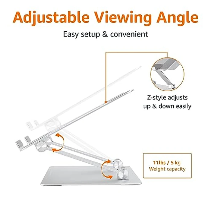 Amazon Basics Sturdy and Portable Ergonomic Laptop Stand for Desk, Height Adjustable Riser with Ventilated Cooling, Foldable, Fits all Laptops up to 15.6 Inch, Silver by Amazon Basics - Image 3