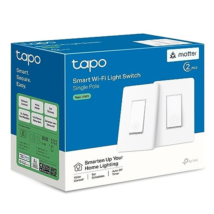 TP-Link Tapo Smart Light Switch, Matter Compatible, Single Pole, Neutral Wire Required, Voice Control w/Siri, Alexa & Google Home, UL Certified, Timer & Schedule, Guided Install, Tapo S505(2-Pack) by Tapo - Image 1