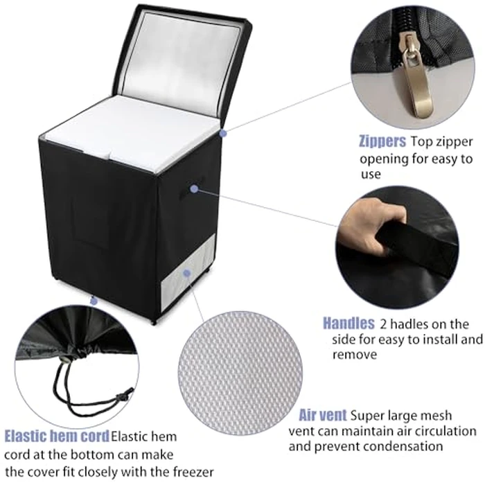 Deep Freezer Covers for Outside,Heavy Duty 600D Durable Chest Freezer Cover Waterproof,Outdoor Freezer Covers for Outside 7.0 Cubic Feet Chest Freezer,Top with Zipper to Open(38"W x 23"D x 34"H,Black) by Dalema - Image 3