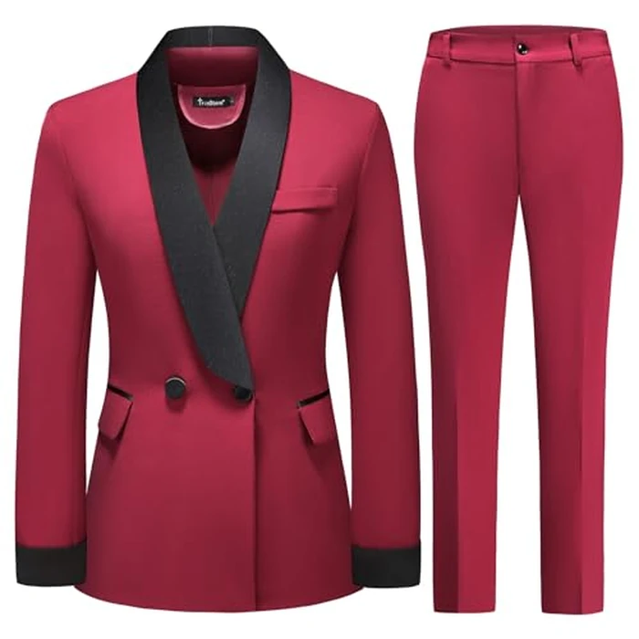 TRONSTORE Women's Pants Suit 2 Piece Set Smil Fit Jacket Shawl Sollar Blazer Dress for Women Wine Red S by TRONSTORE - Used - Like New condition
