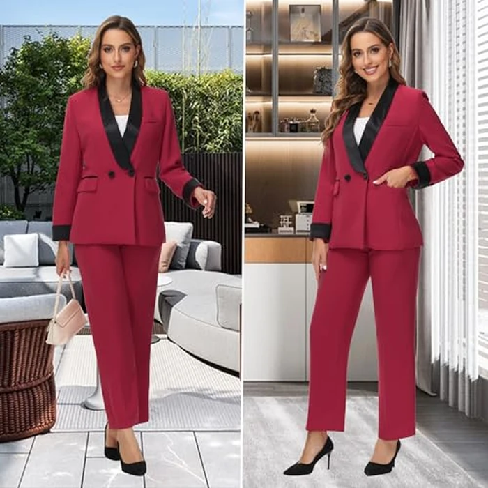TRONSTORE Women's Pants Suit 2 Piece Set Smil Fit Jacket Shawl Sollar Blazer Dress for Women Wine Red S by TRONSTORE - Image 2