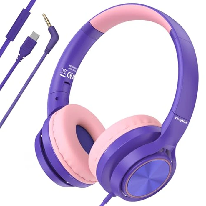 VkingMoR Kids Headphones for School Travel, Upgrade USB Type C Safe Volume 94dB, with Mic HD Stereo Sound Foldable On-Ear Headphones for Boys/Girls/Students/Tablet/Travel Purple by VkingMoR - Image 1