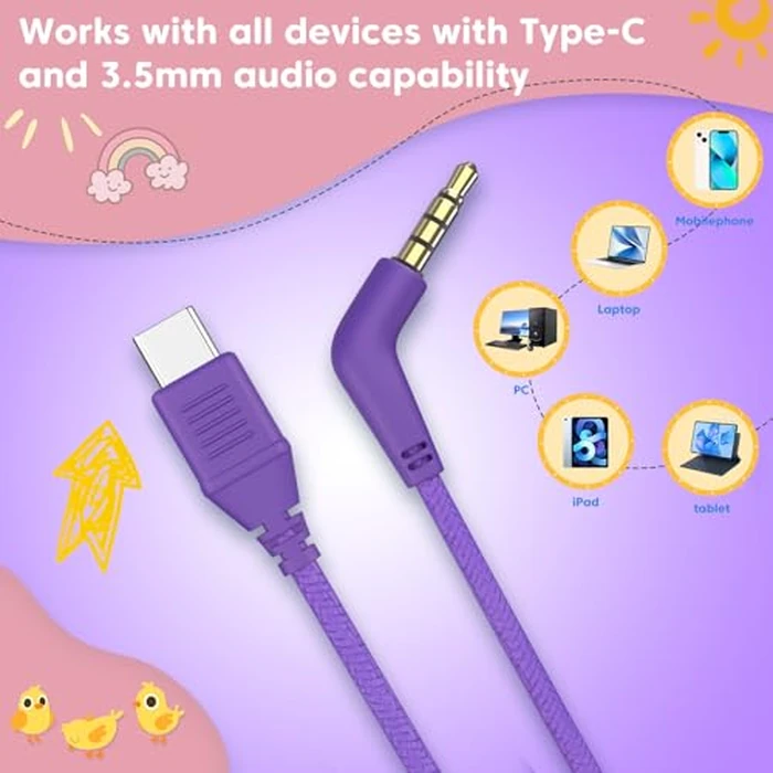VkingMoR Kids Headphones for School Travel, Upgrade USB Type C Safe Volume 94dB, with Mic HD Stereo Sound Foldable On-Ear Headphones for Boys/Girls/Students/Tablet/Travel Purple by VkingMoR - Image 2