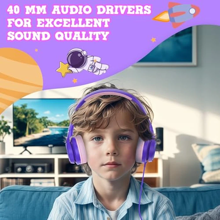 VkingMoR Kids Headphones for School Travel, Upgrade USB Type C Safe Volume 94dB, with Mic HD Stereo Sound Foldable On-Ear Headphones for Boys/Girls/Students/Tablet/Travel Purple by VkingMoR - Image 3