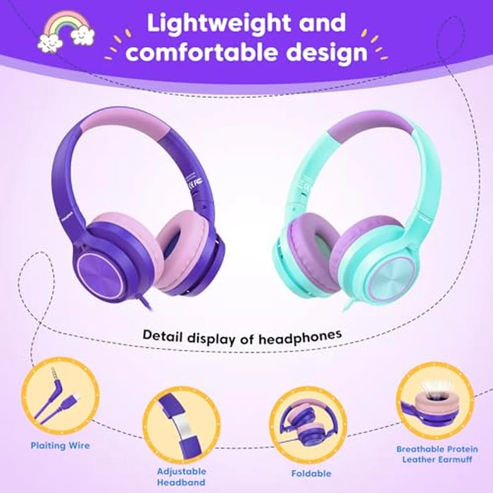 VkingMoR Kids Headphones for School Travel, Upgrade USB Type C Safe Volume 94dB, with Mic HD Stereo Sound Foldable On-Ear Headphones for Boys/Girls/Students/Tablet/Travel Purple by VkingMoR - Image 5