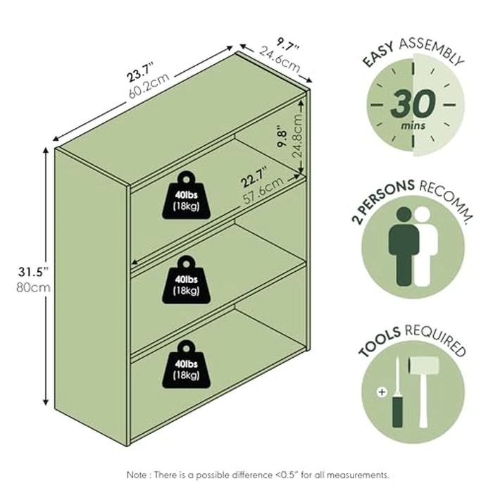 Furinno PASIR Book Shelf, 3-Tier Bookshelf, Storage Shelves Bookcase, 9.7 x 23.7 x 31.5, for Living Room, Bedroom, Home Office, Plain White by Furinno - Image 3