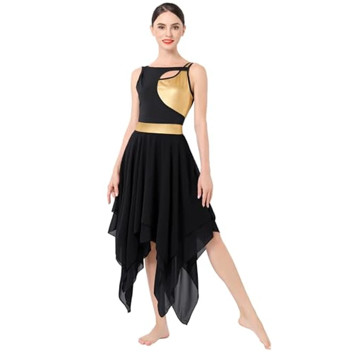 Liturgical Praise Dance Dresses for Women Adult Lyrical Dance Dress Modern Contemporary Costumes Worship Sleeveless Metallic Color Block Irregular Hem Chiffon Flowy Midi Dress Dancewear Black S by ODASDO - Image 1
