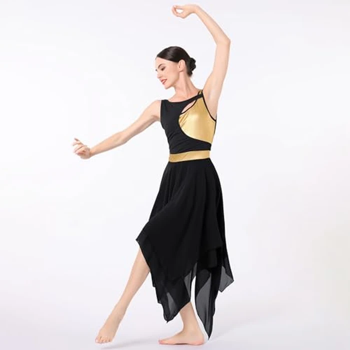 Liturgical Praise Dance Dresses for Women Adult Lyrical Dance Dress Modern Contemporary Costumes Worship Sleeveless Metallic Color Block Irregular Hem Chiffon Flowy Midi Dress Dancewear Black S by ODASDO - Image 6