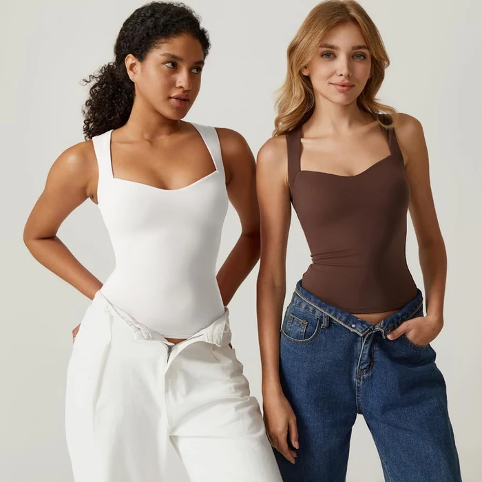 QINSEN Woman's Sweetheart Neck Crop Top Double Layered T Shirts Sleeveless Tank White S by QINSEN - Image 3